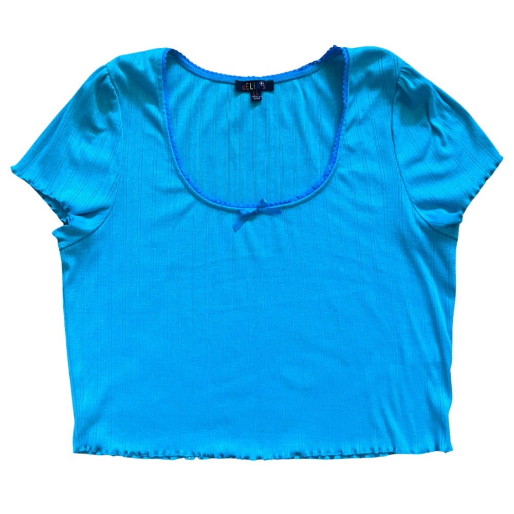 Light Blue Plus Size Pointelle Lettuce Edge Crop Top